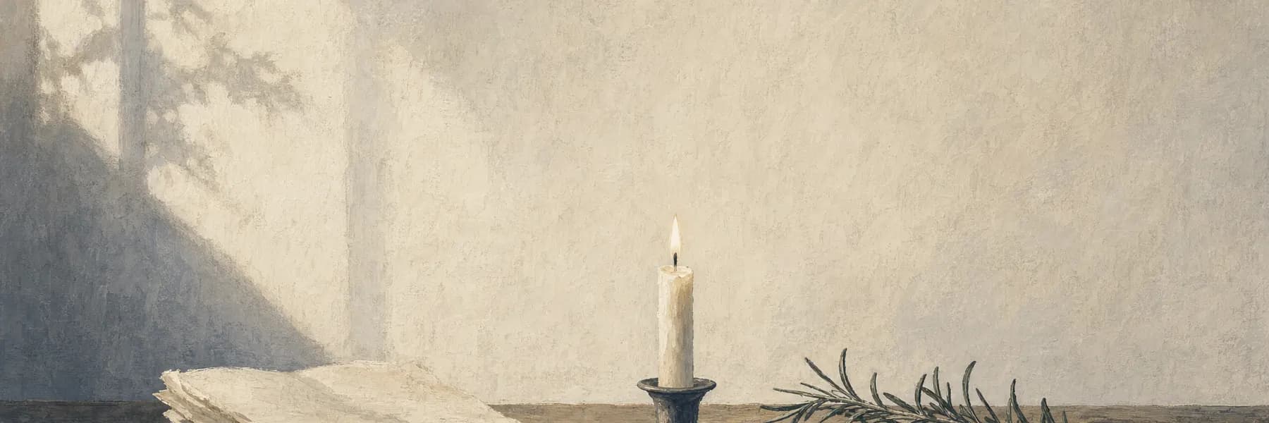 Painted banner of folded pages, a single taper candle, and a sprig of rosemary on worn wood